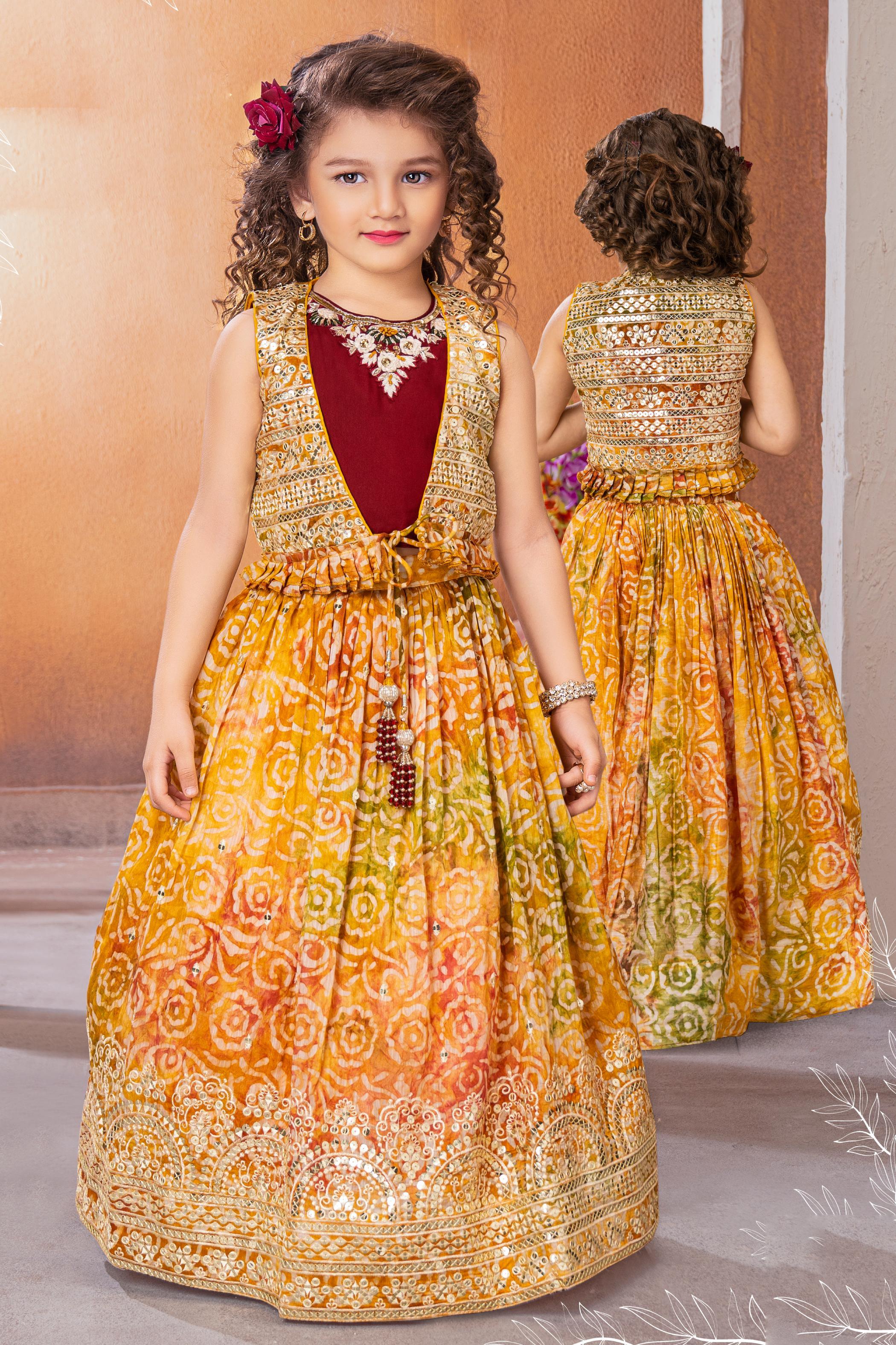 Fire Yellow Heavily Embellished Lehenga Set In Antique Work With Maroo