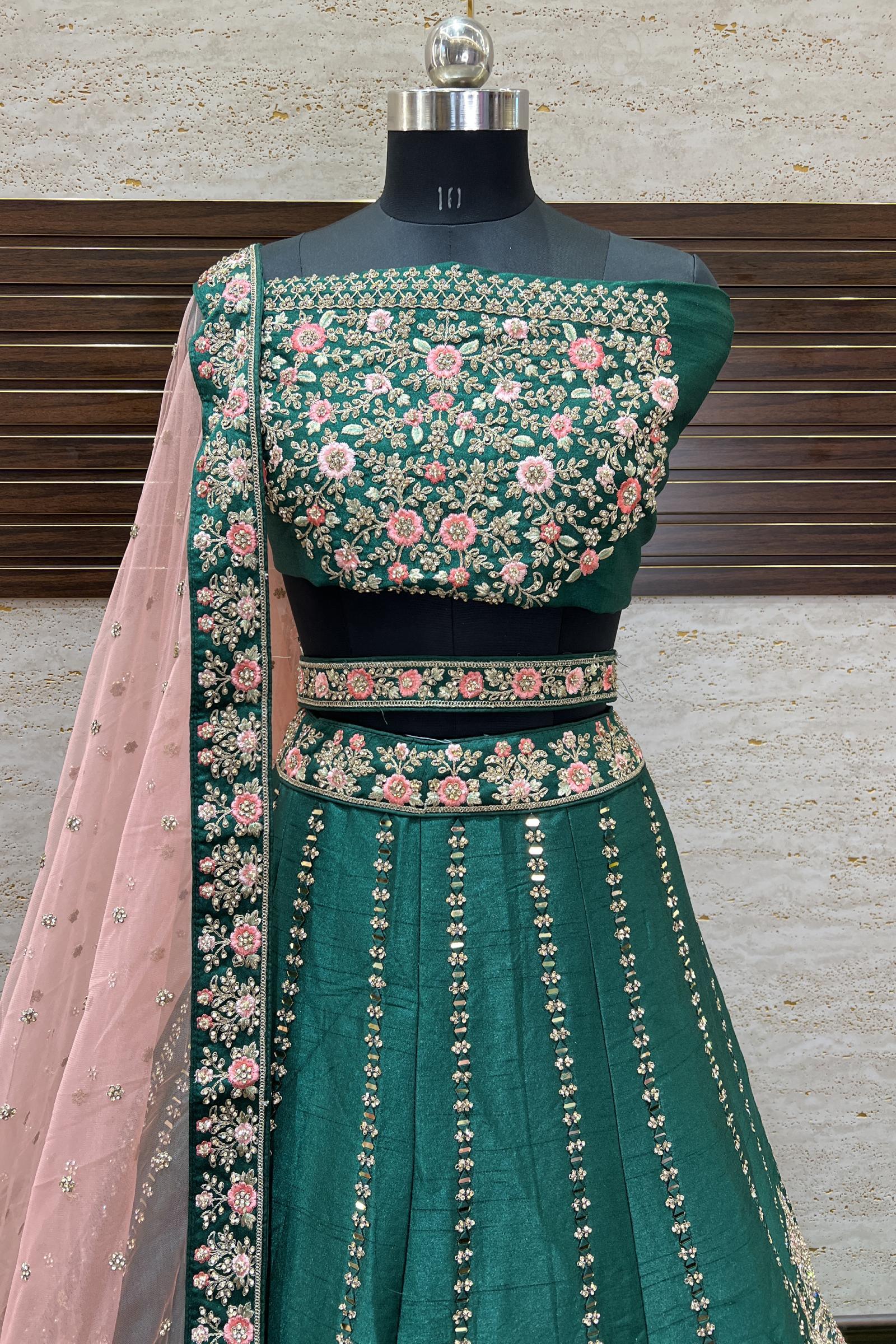 Bottle Green Silk Bridal Lehenga With Heavy Choli- Frilled Daman  Embellished In Zardosi And Pearl-Sequins Butti's - Aara Couture
