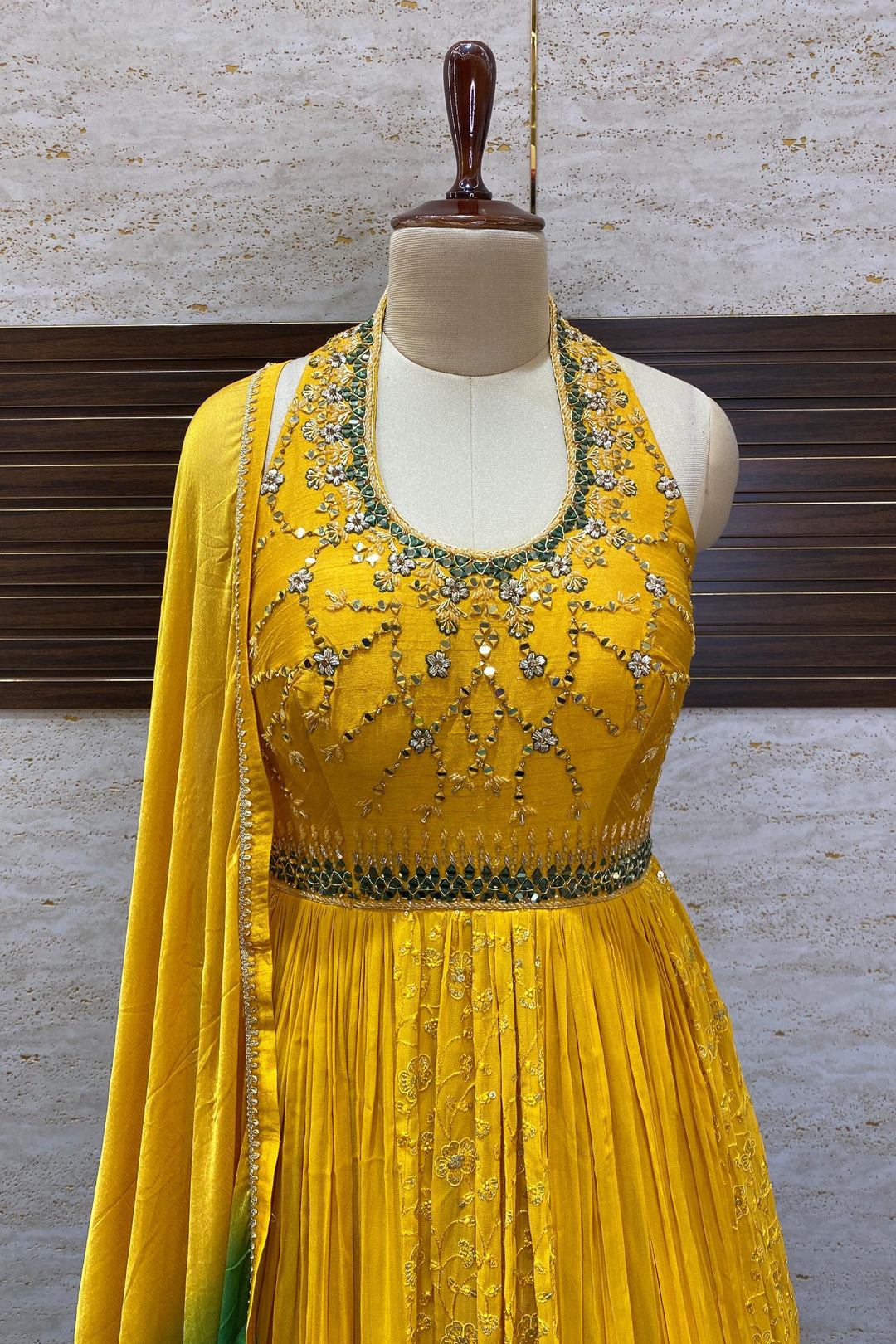 Yellow with Green Shaded Beads and Mirror work Anarkali Suit with Halt Seasons Chennai Yellow with Green Shaded Beads and Mirror work Anarkali Suit with Halt Seasons Chennai