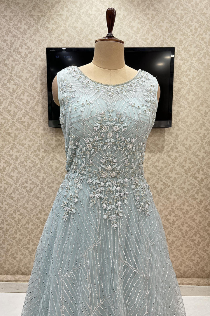 Aqua Blue Sequins, Silver Zari, Beads and Stone work Bridal and Partywear Gown - Seasons Chennai