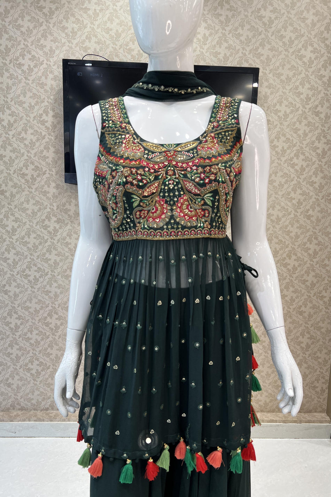 Bottle Green Thread, Sequins, Beads and Zari work Salwar Suit with Palazzo Pants - Seasons Chennai