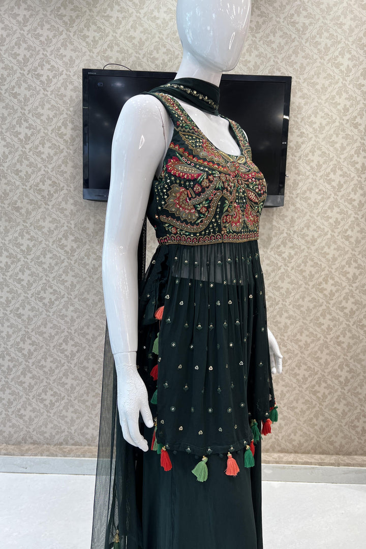 Bottle Green Thread, Sequins, Beads and Zari work Salwar Suit with Palazzo Pants - Seasons Chennai