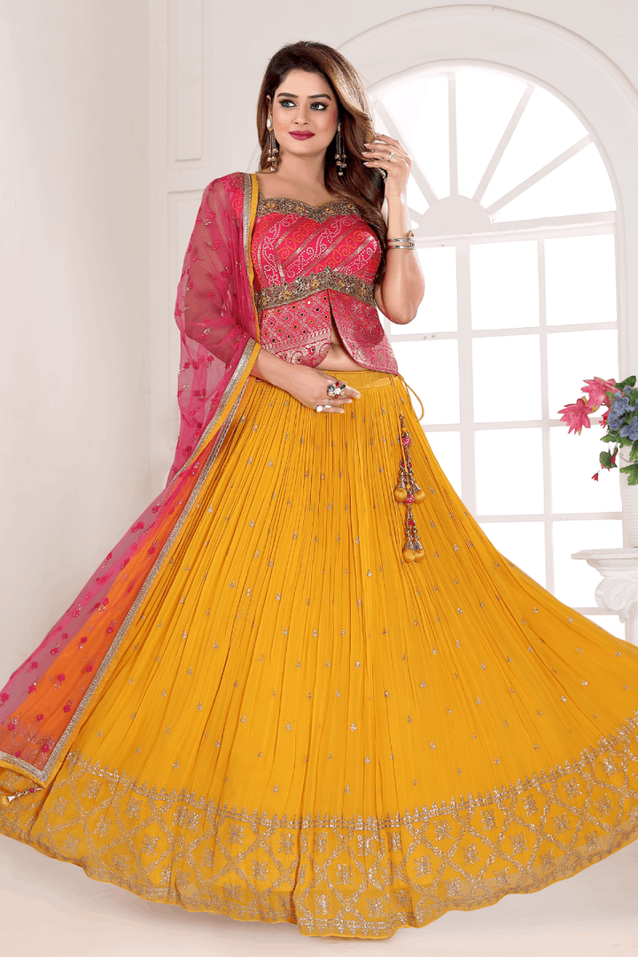 Pink with Yellow Bandini Print and Sequins work Peplum Style Crop Top Lehenga