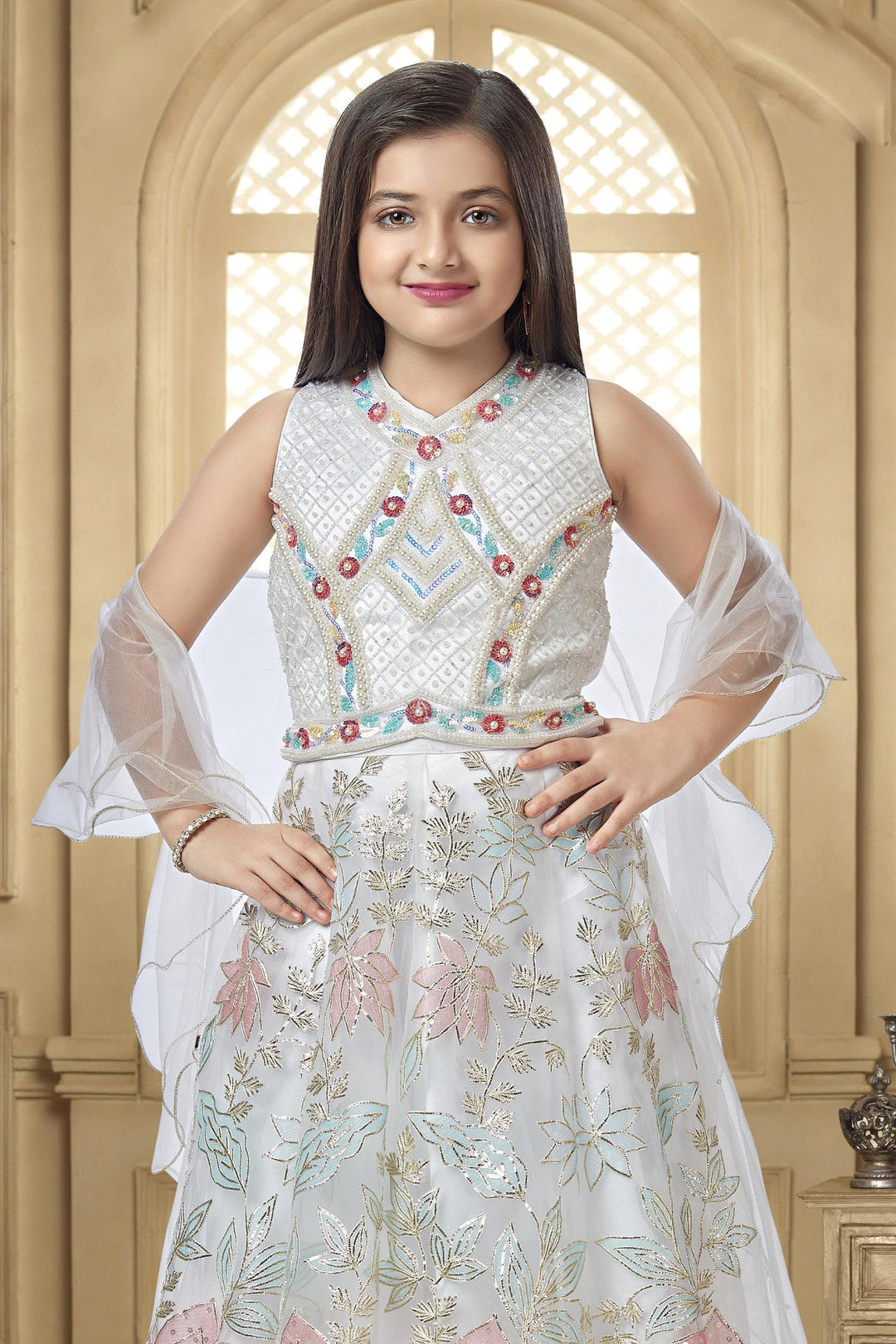 White Pearl, Beads and Sequins work Lehenga Choli for Girls - Seasons Chennai