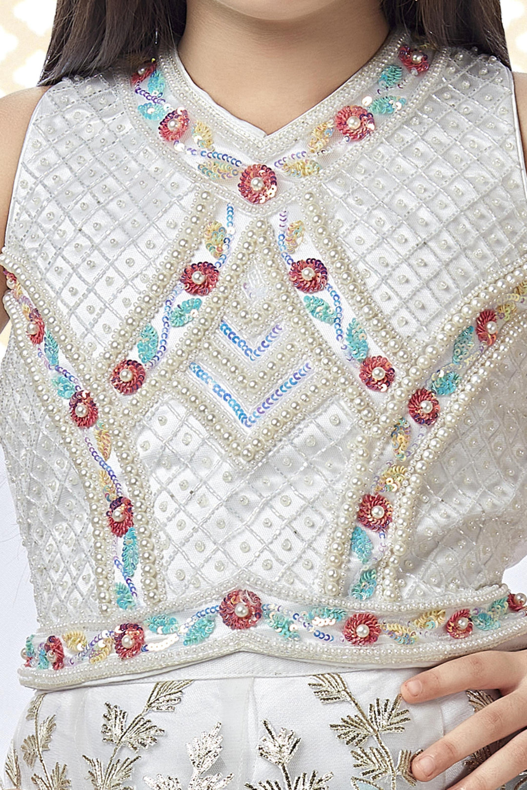 White Pearl, Beads and Sequins work Lehenga Choli for Girls - Seasons Chennai