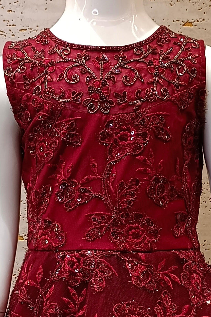 Maroon Beads, Thread and Sequins work Long Party Frock for Girls - Seasons Chennai