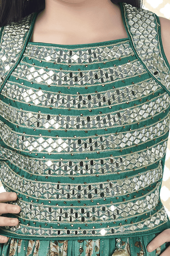 Attractive Look Green Color Soft Net Fabric Mirror Work Lehenga