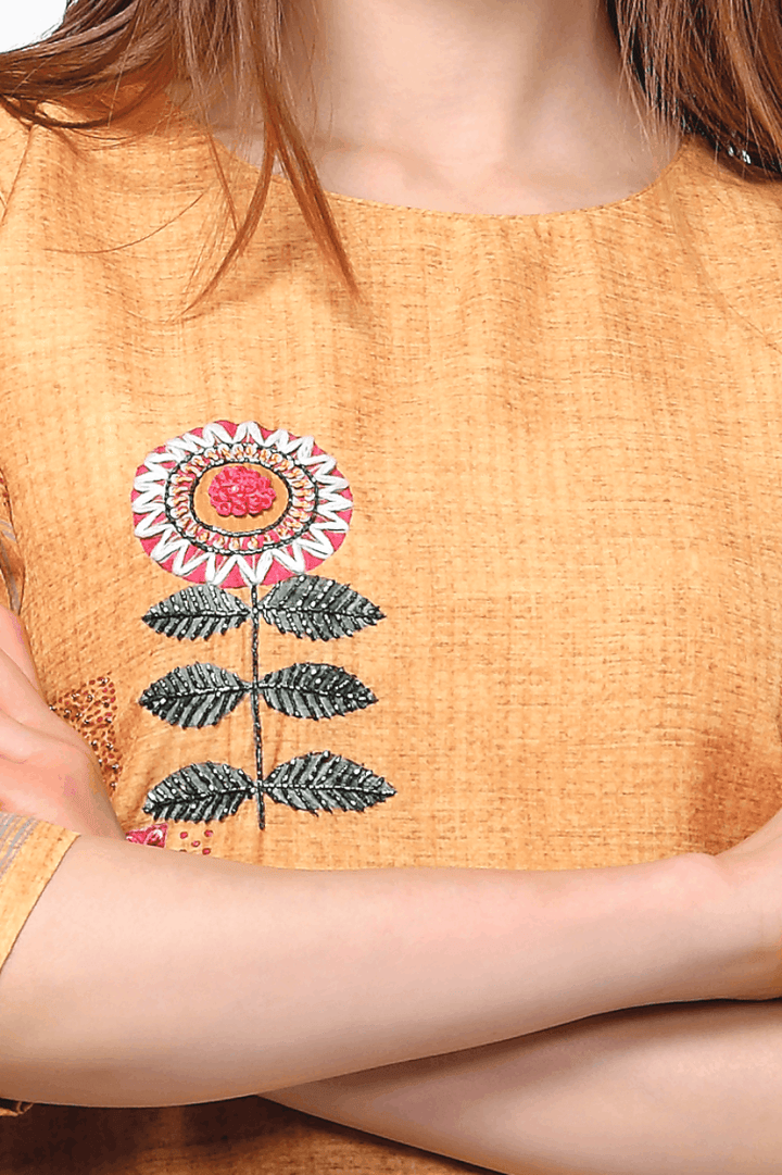 Mustard Yellow Self Print with Beads and Thread work Calf Length Kurti - Seasons Chennai