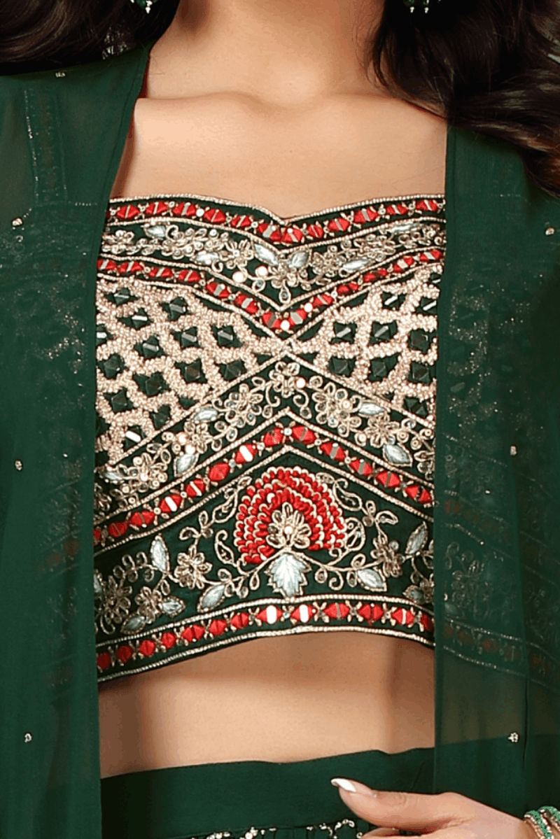 Bottle Green Mirror, Zari Thread and Sequins work with Long Over Coat Crop Top Palazzo Set - Seasons Chennai