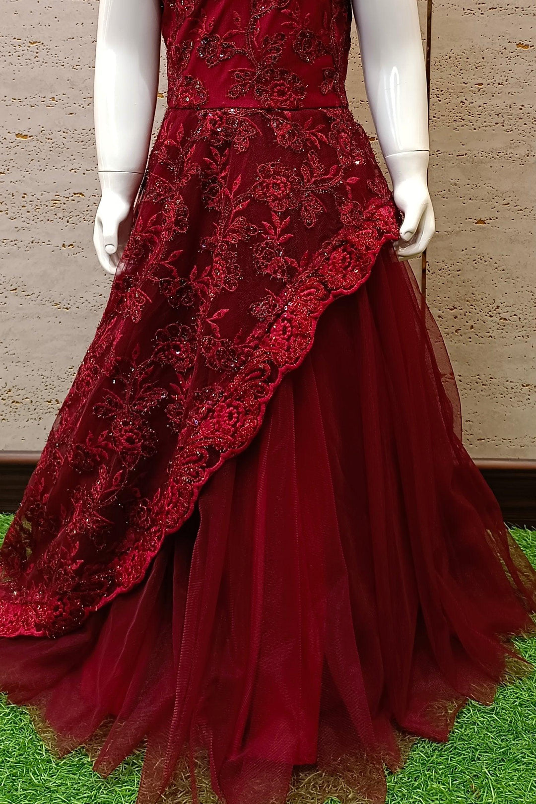 Maroon Beads, Thread and Sequins work Long Party Frock for Girls - Seasons Chennai