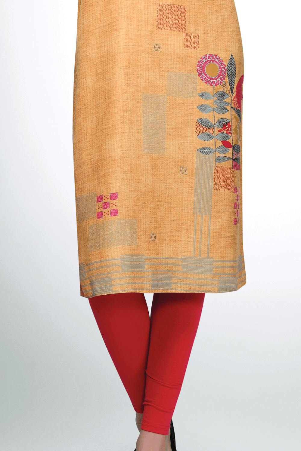 Mustard Yellow Self Print with Beads and Thread work Calf Length Kurti - Seasons Chennai