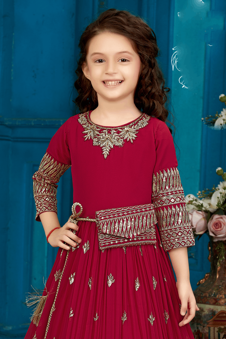 Rani Pink Sequins, Stone and Zari work Long Party Gown for Girls with Matching Designer Bag