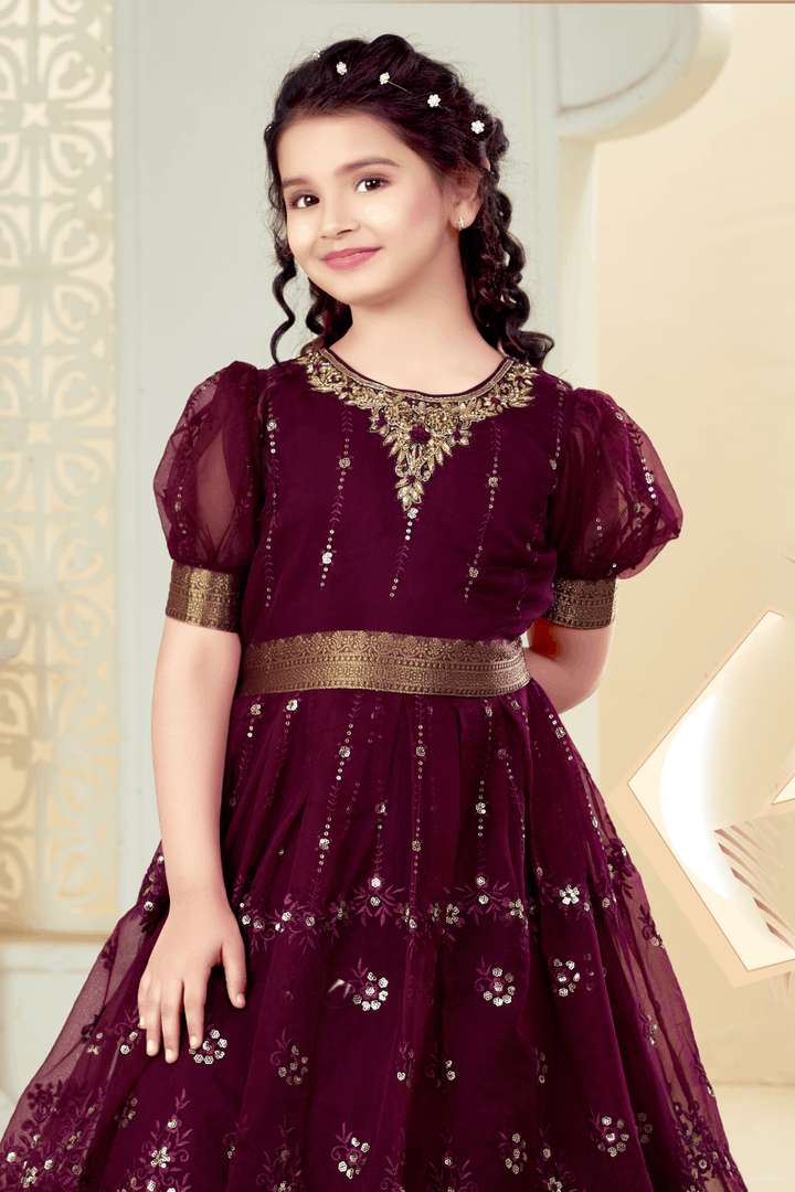 Wine Stone, Zardozi, Sequins, Zari Thread and Banaras work Long Gown for Girls