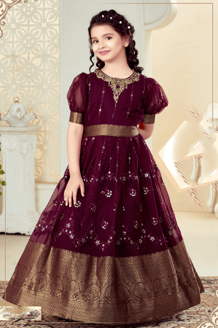 Wine Stone, Zardozi, Sequins, Zari Thread and Banaras work Long Gown for Girls