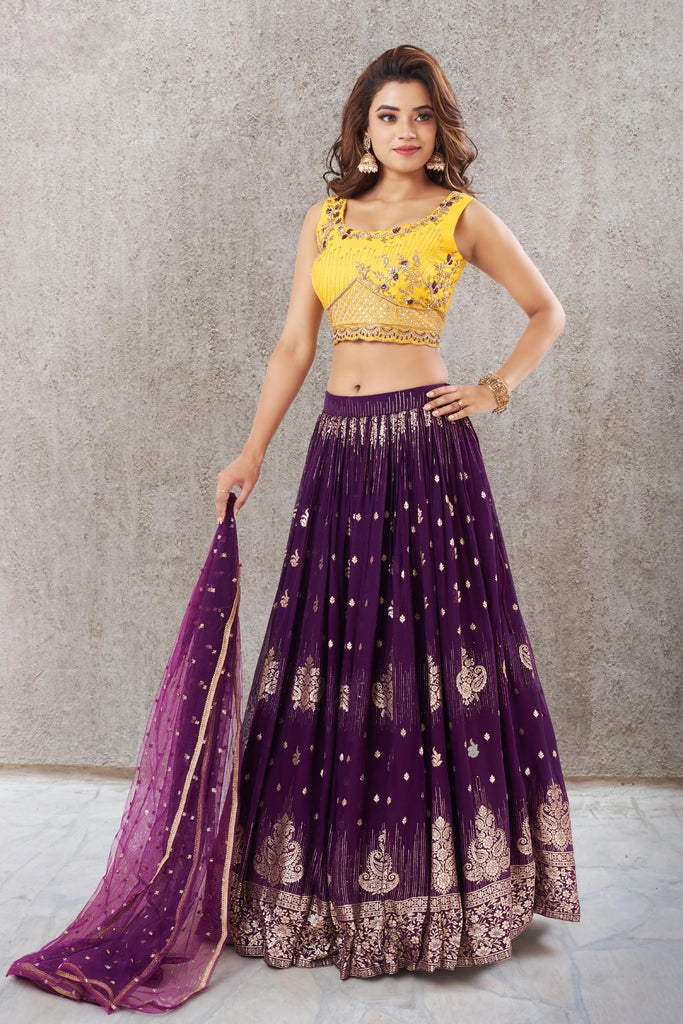 Purple Embroidered Butta Lehenga in Viscose with Elephant Motifs On...