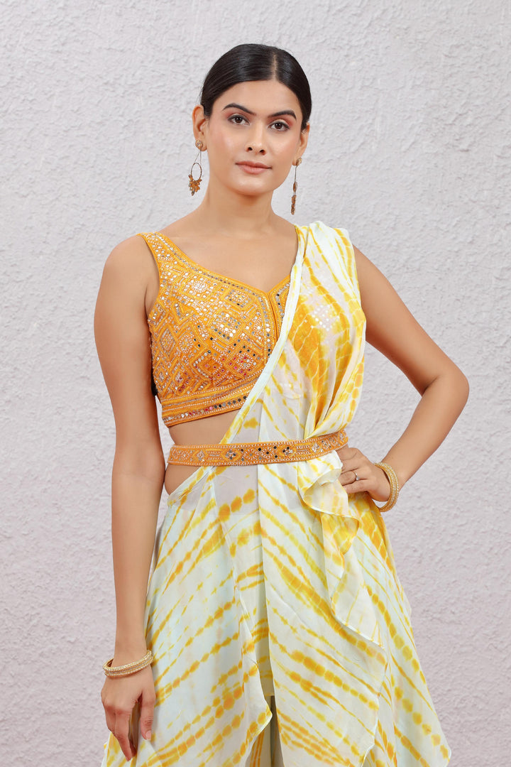 Yellow Tie and Dye Print, Mirror, Beads, Sequins and Stone work Crop Top Palazzo Set with Belt - Seasons Chennai