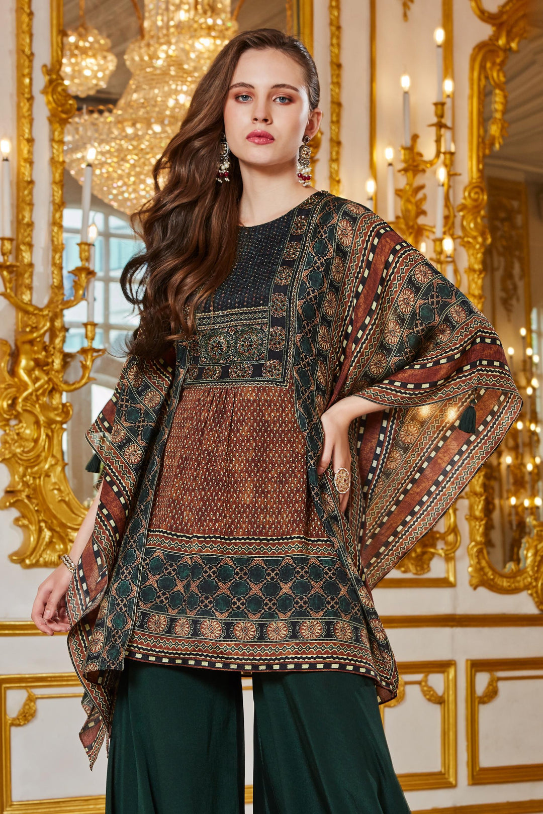 Brown with Bottle Green Kaftan Styled Printed Top with Palazzo Pants - Seasons Chennai