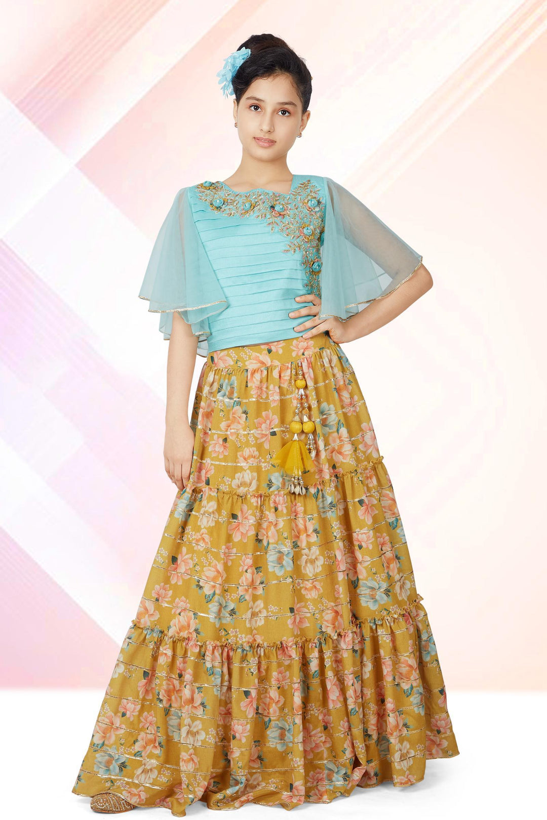 Sky Blue with Yellow Beads and Thread work Floral Print Lehenga Choli for Girls - SeasonsChennai