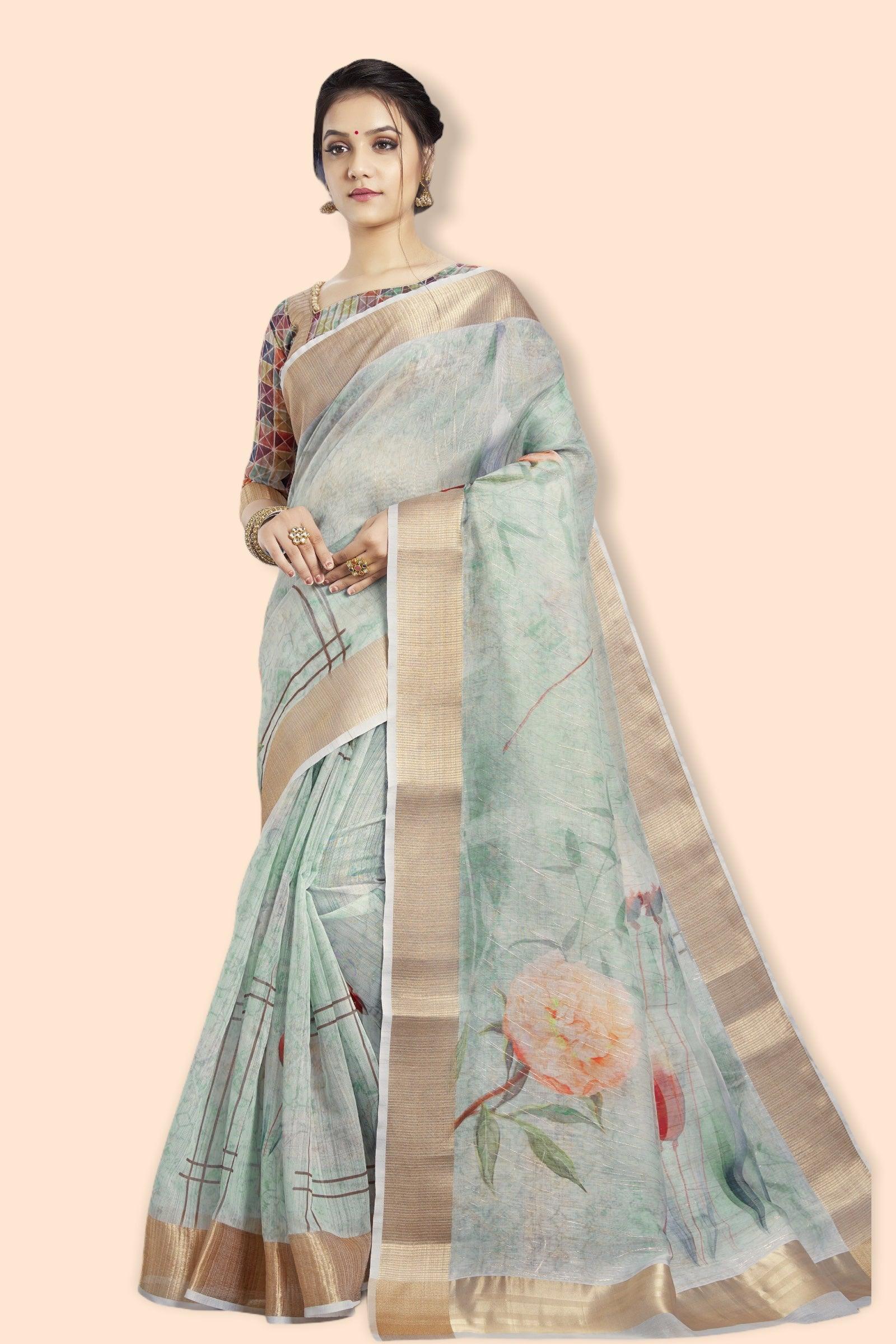 Mimosa Women's Woven Design Banarasi Lenin Saree With Blouse Piece : S –  http://mimosa.in/