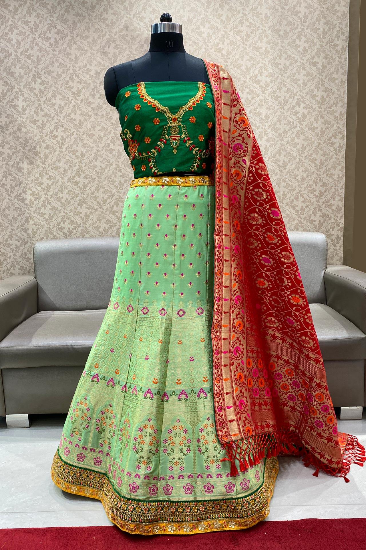 Banarasi Silk Lehenga, Red And Green, Printed at Rs 4500 in Chennai | ID:  26233901862