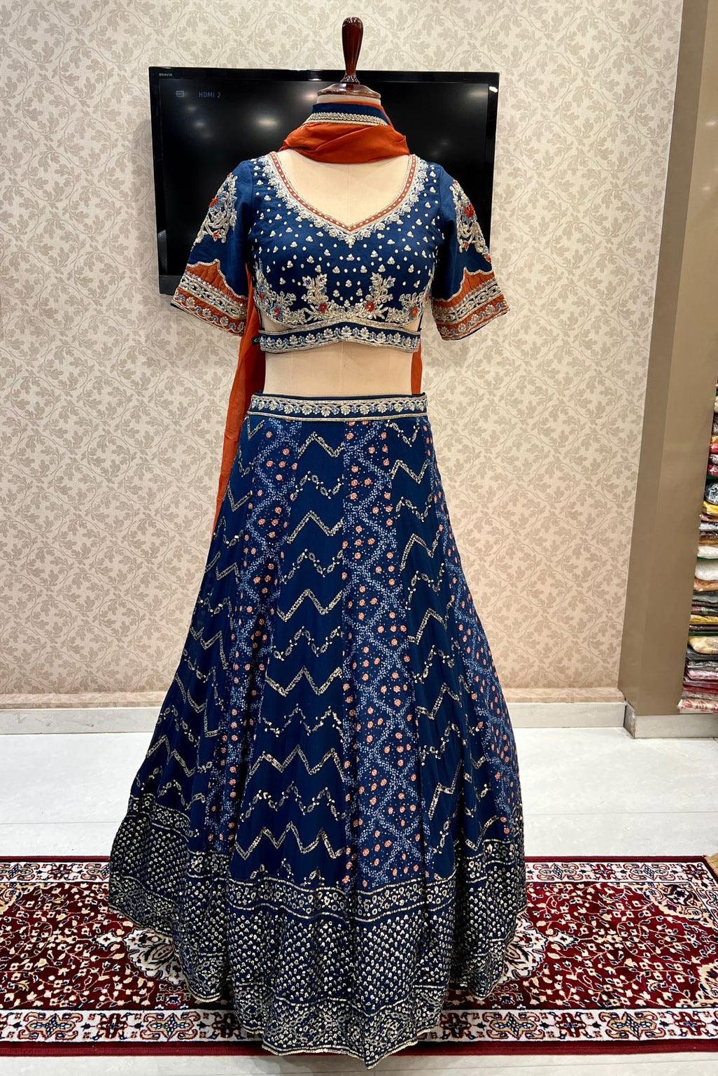 panchhi Navy Blue & Yellow Embellished Semi-Stitched Lehenga & Unstitched  Blouse with Dupatta - Absolutely Desi