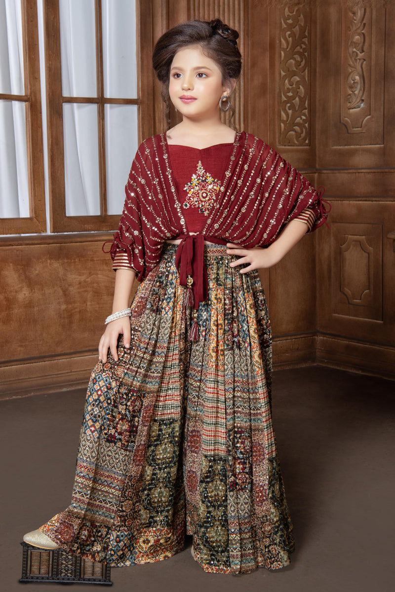 Maroon with Multicolor Digital Print Poncho Styled Palazzo Set for Gir ...