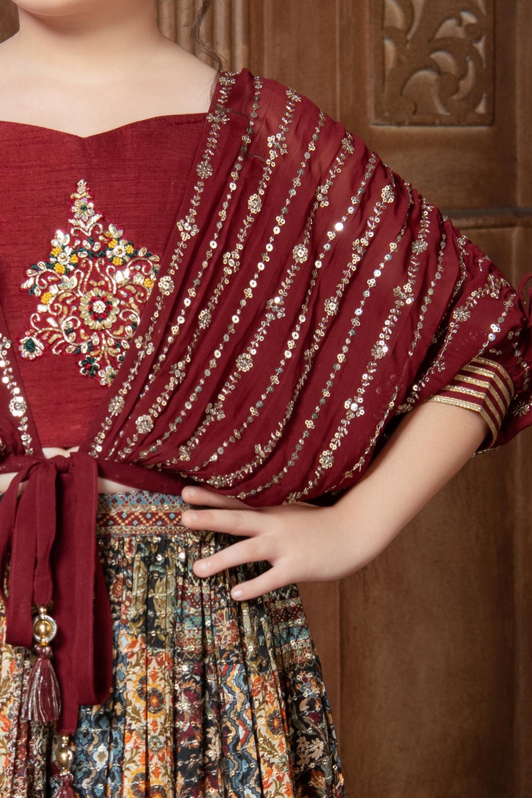 Maroon with Multicolor Digital Print Poncho Styled Palazzo Set for Girls - Seasons Chennai