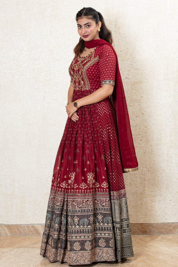 Maroon Beads, Zari, Sequins and Thread work with Printed Floor Length Anarkali Suit - Seasons Chennai